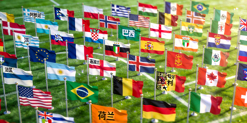 2026世界杯参赛球队旗帜展示 - 多国国旗排列于绿茵场背景上